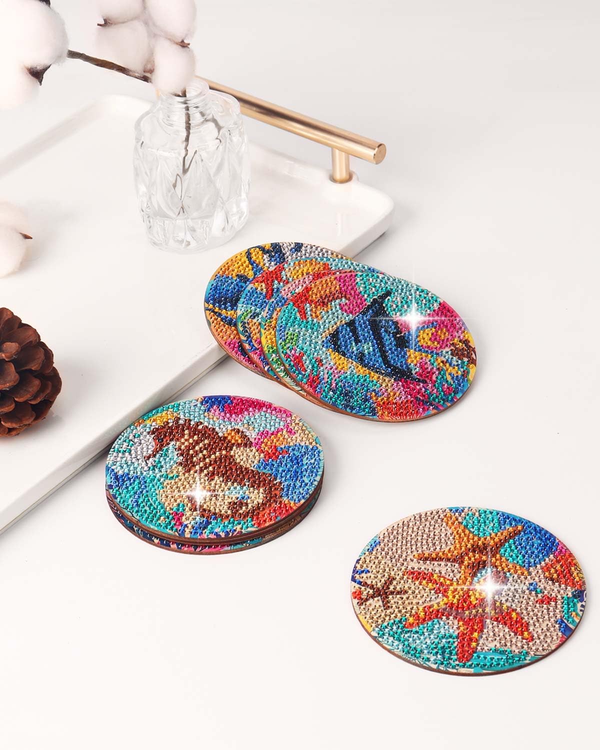 8 Pcs Diamond Art Painting Coaster Kit, DIY Small Gem Diamond Art Kits for Adults Women Beginners Kids, Diamond Dotz Kits Non Slip Coaster Craft Art Supplies (Ocean)