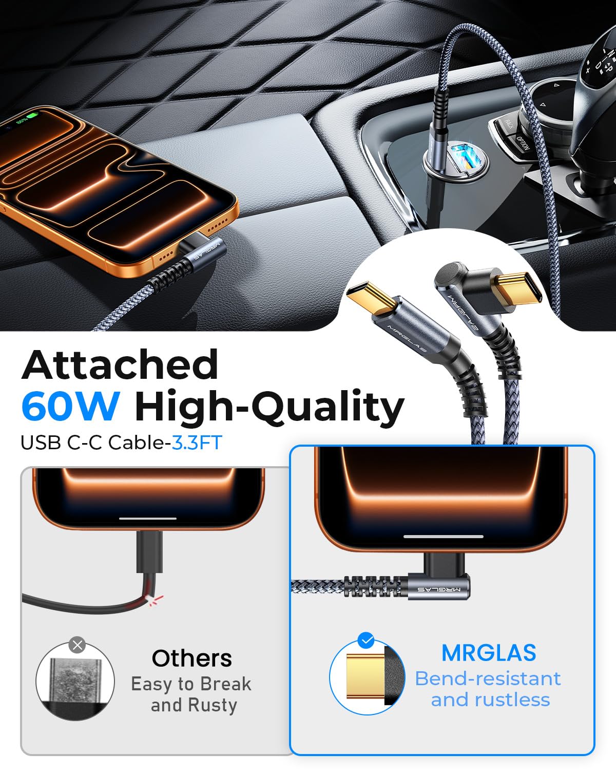 MRGLAS 90W Fast iPhone 17/16 Car Charger, USB C Car Charger with Type C Cable, PD45W & QC45W, Flush Fit, All Metal, Cigarette Lighter RV Power Adapter for iPhone 17 16 Samsung S26 S25 Ultra Pixel 10