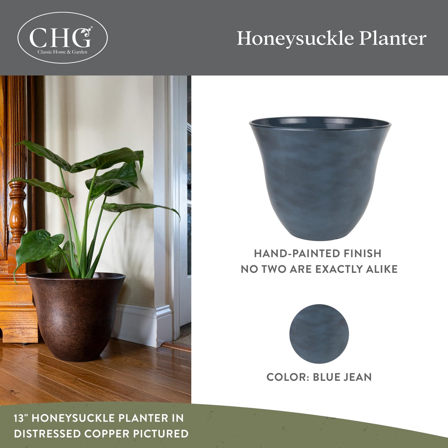 Classic Home and Garden by Growscape Honeysuckle Resin Planters - Lightweight Indoor & Outdoor Plant Pots - UV-Resistant Plastic Flower Pots - Pot Planters for Flowers & Herbs (13", Blue Jean)