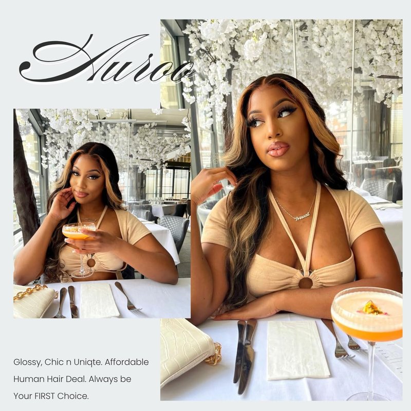 AUROO #27 Honey Blonde Highlight 4x4 Lace Closure Only Human Hair Body Wave 16 Inch, 12A 100% Virgin Hair Skunk Stripe HD Transparent Lace Closure Pre Plucked with Baby Hair Ombre Closure 150% Density