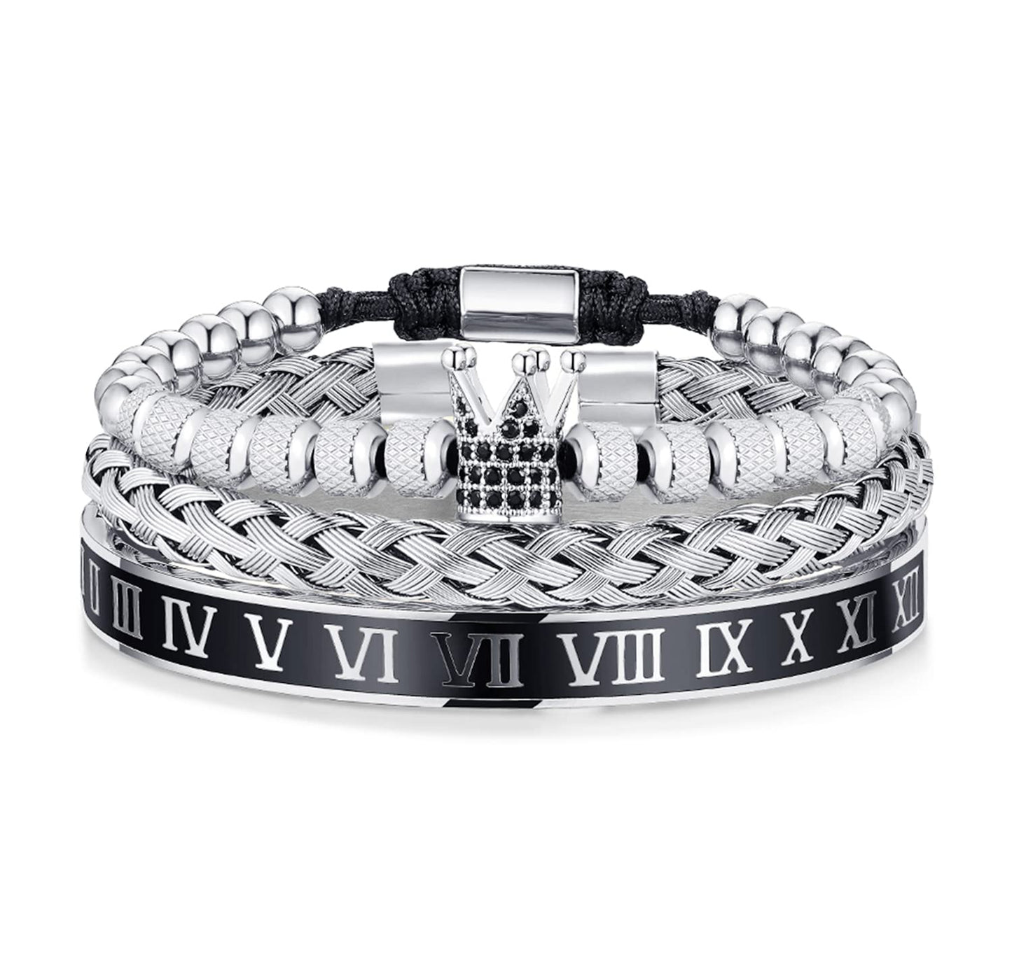 WFYOU 3PCS Stainless Steel Bracelets for Men Gold Roman Numeral Bangle Bracelet Twisted Cable Bracelet Adjustable Cuff Bracelet Mens Luxury Jewelry Bracelets Gifts(I:Silver)