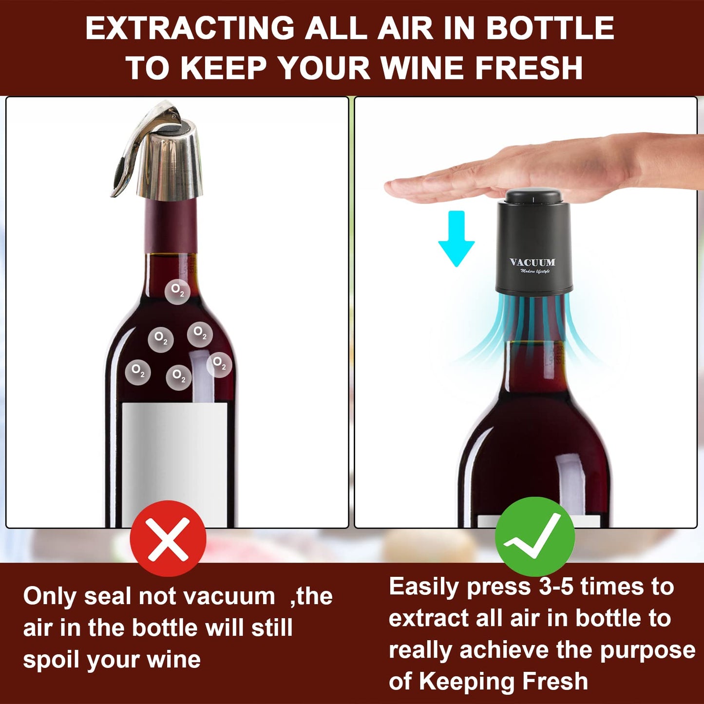 [2 PACK] Wine Bottle Stoppers,Real Vacuum Stoppers,Reusable Wine Preserver,Wine Corks Keep Fresh,Best Christmas and Birthday Gifts for Wine Lovers.