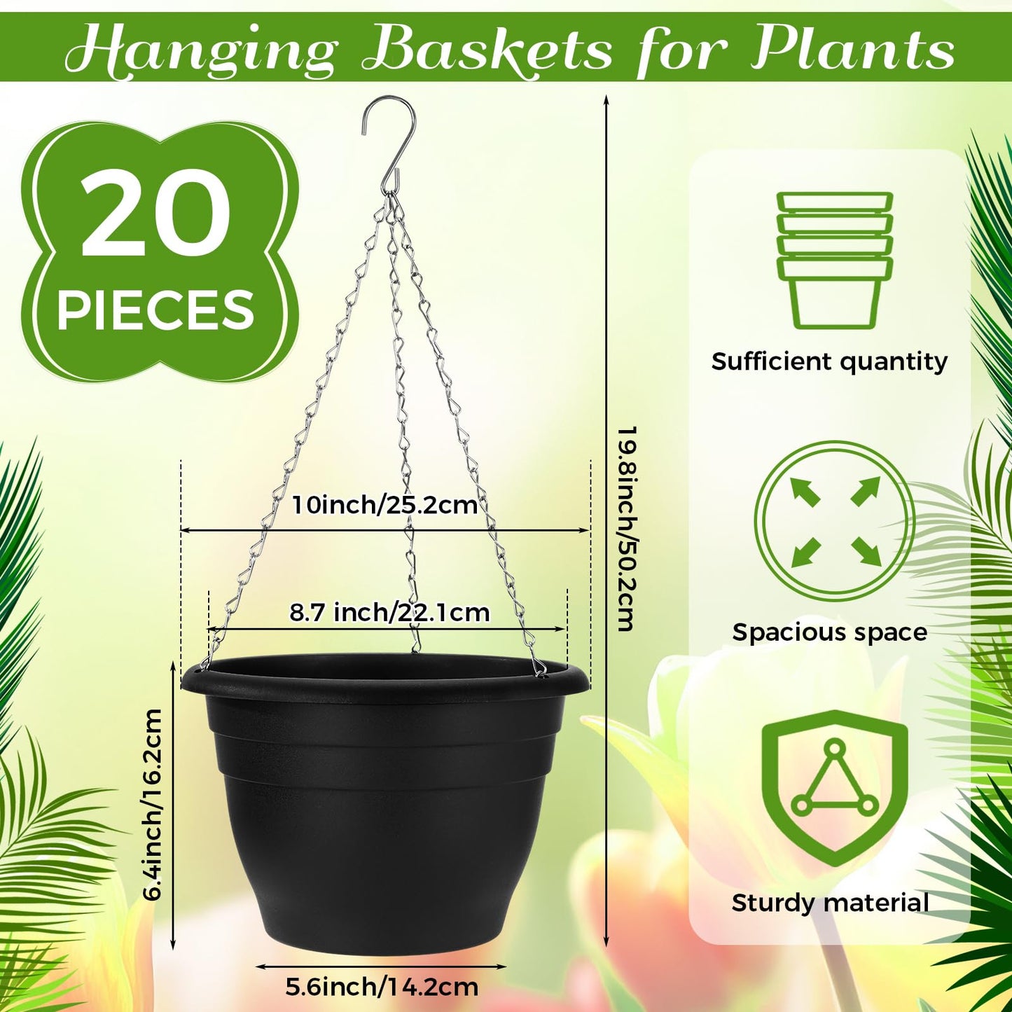 Romooa 20 Pack 10 Inch Plastic Hanging Planter Bulk Black Hanging Baskets for Plants with Drainage Trays Self Watering Plant Pot Outdoor Indoor Planter for Garden, Balcony, Porch, Patio Decor