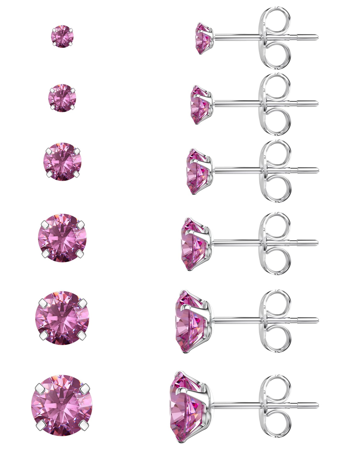 6 Pairs Stud Earrings Set Hypoallergenic Cubic Zirconia 316L Earrings Stainless Steel Earrings for Women (Pink)