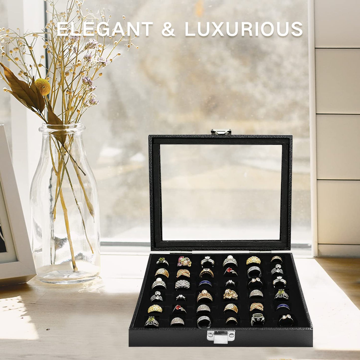 Ring Jewelry Organizer Box, 36 Slots Rings Display Storage Case Earring Showcase - Black Velvet Jewelry Stand Holder Tray with Transparent Glass Lid - Ideal Gift for Women Girl