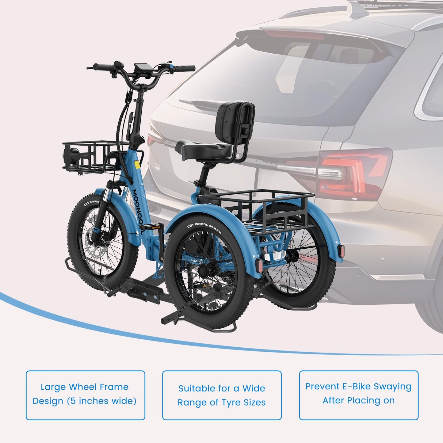 H&ZT Fat Tire Trike Carrier Rack for SUV Truck RV, Heavy-Duty Foldable Bike Carrier for 3-Wheel Bicycles, Fits 5" Wide Tires, Heavy Duty, Rear Platform Rack for Adult Tricycle