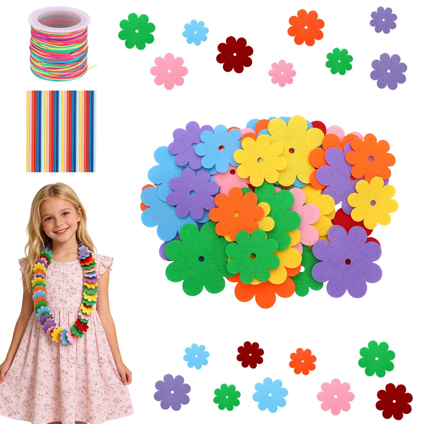 Cosweet Lei Making Craft Kit for Kids - Hawaiian Leis Bulk Makes 24 Flower Necklaces with 1000 Felt Flowers, Lei Craft Supplies for VBS, Classroom Activities & Luau Party Favors