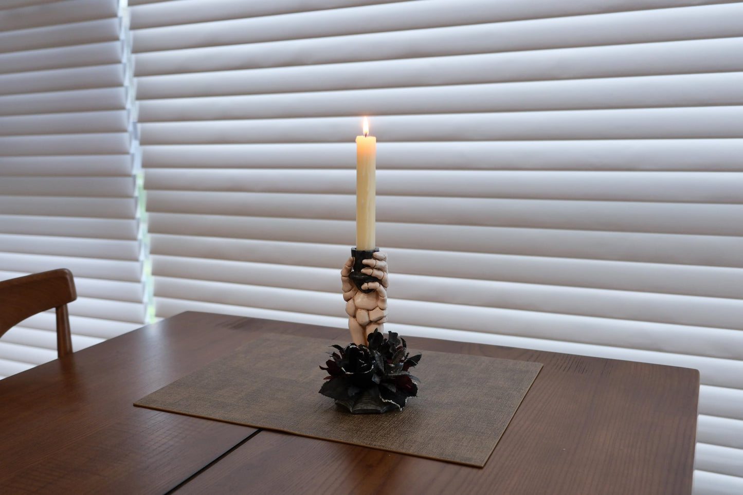 LushNook Halloween Candle Holder, Resin Skeleton Hand Candlestick with Black Faux Flower, Halloween Decor for Home Table, 7" Height"