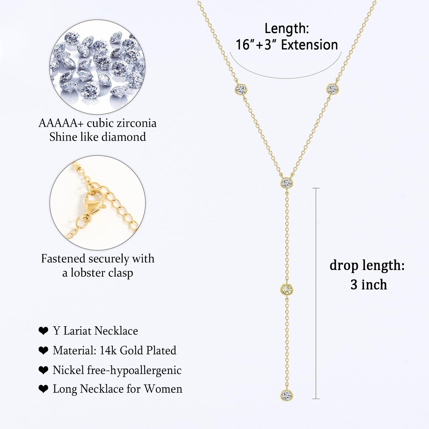 EPIRORA Y-Shaped Lariat Necklace for Women, Dainty Long Layered CZ Teardrop Pendant Necklace 14K Gold Plated Adjustable Chain Trendy Jewelry Gifts for Women
