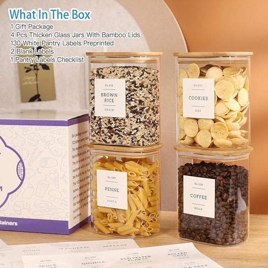 4 Pack Square Glass Pantry Storage Containers with 132 Kitchen Food Pantry Labels - 34 floz Clear Glass Pantry Jars with Airtight Wood Bamboo Lids - Glass Canisters for Tea, Cereal, Coffee, Spice