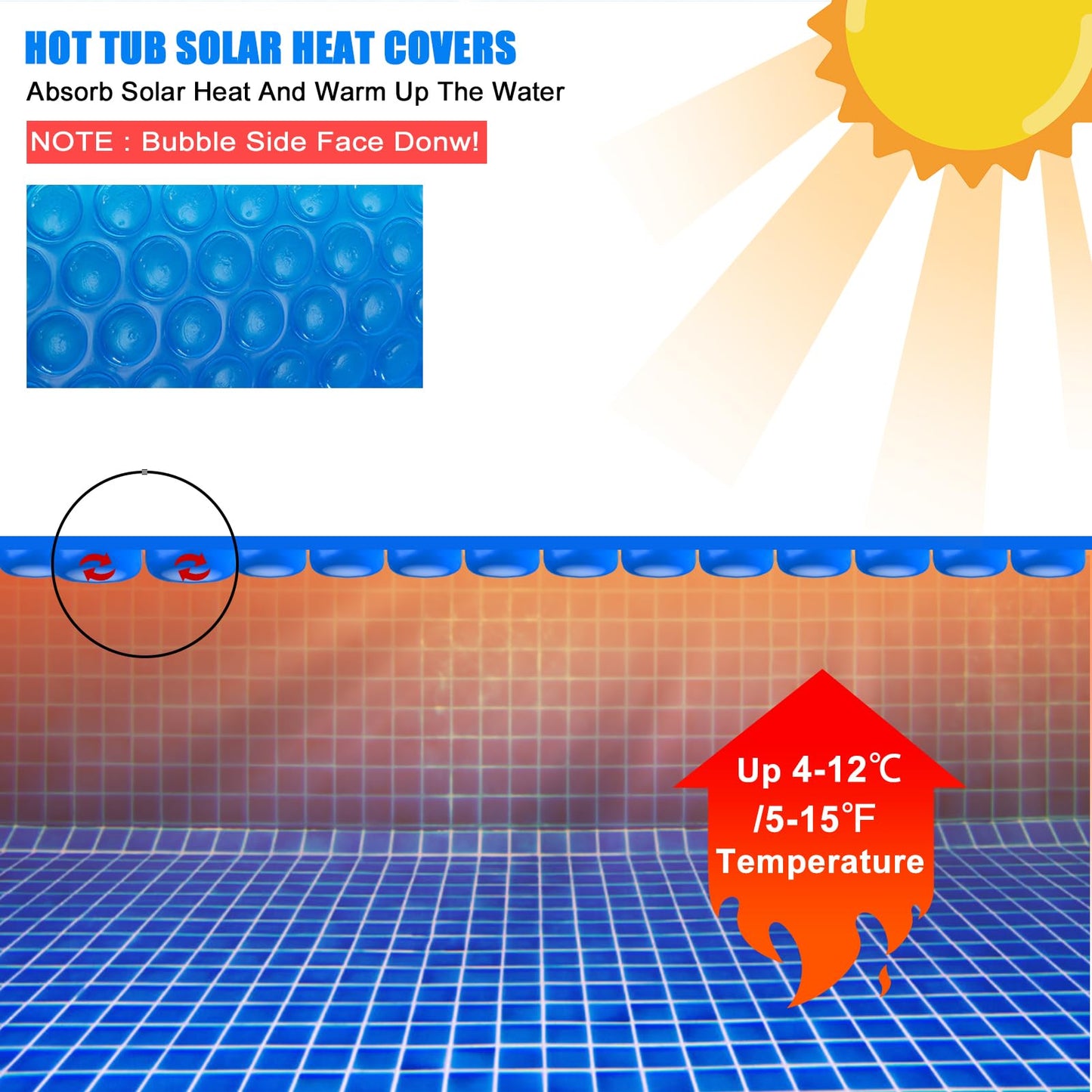 Kakolvan Solar Bubble Hot Tub Spa Cover for 6 x 6 FT Square Inflatable Swimming Pool Blanket Thermal Floating Insulation 16 Mil Bubble Solar Covers for Indoor Outdoor Spa Hot Tub Wrap Covers