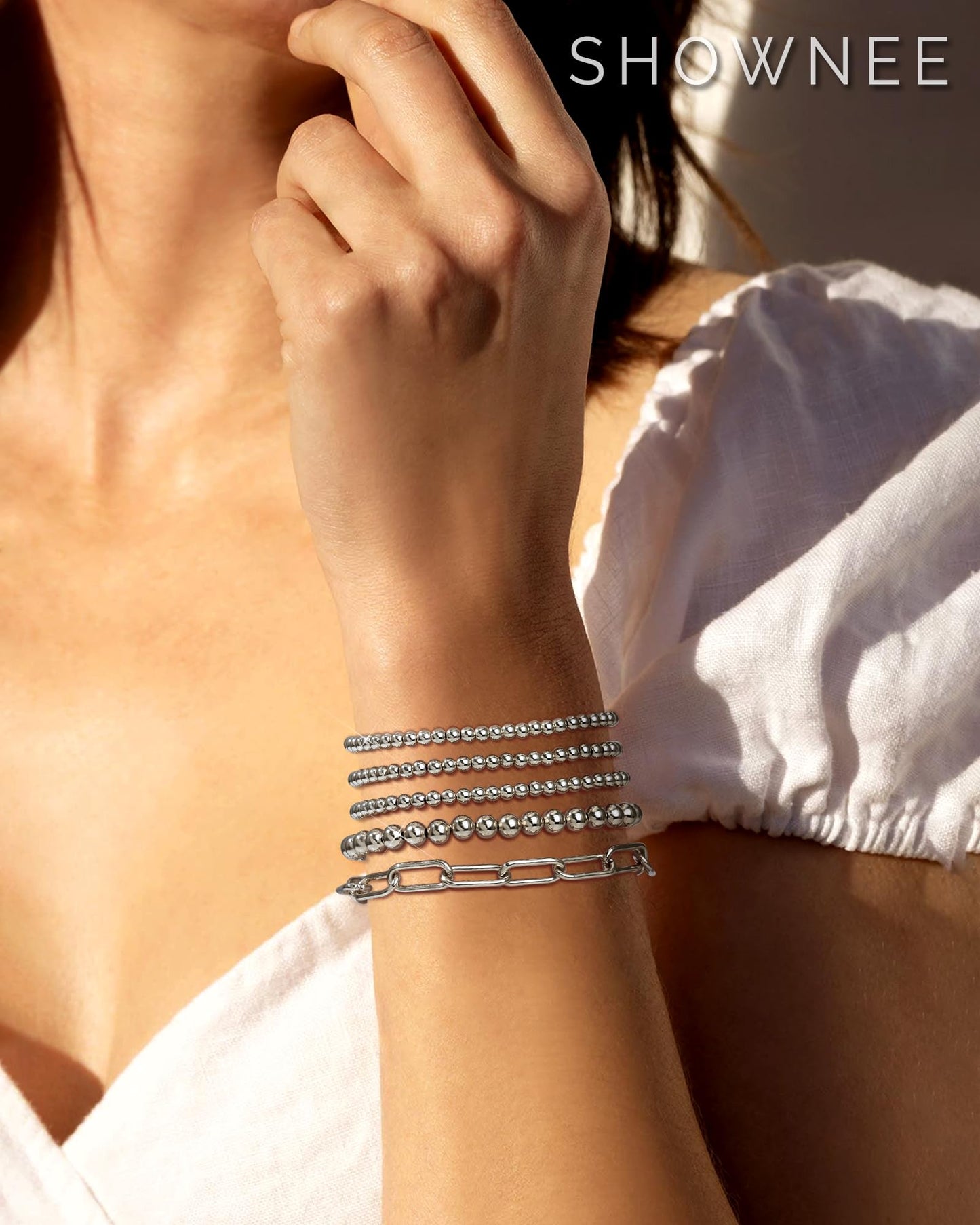 shownee Sliver Beaded Bracelet for Women 14K Gold Plated Bracelets Gold Stretch Bead Ball Bracelet Hypoallergenic Stackable Bracelet Set 6.8 inch Graduation Gift for Her Mothers Day Gifts for Mom