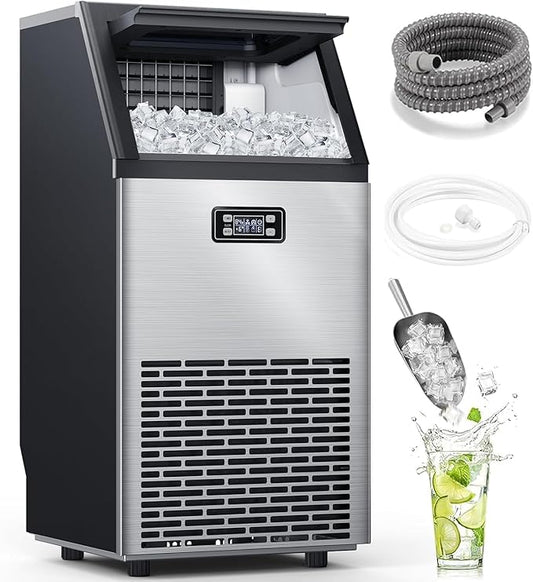 Electactic Commercial Ice Maker Machine,100lbs/24H Stainless Steel Ice Machine,33lbs Storage, Auto Self-Cleaning Freestanding Ice Maker, Ice Machine Freestanding for Bar/Cafe/Restauran-Silver