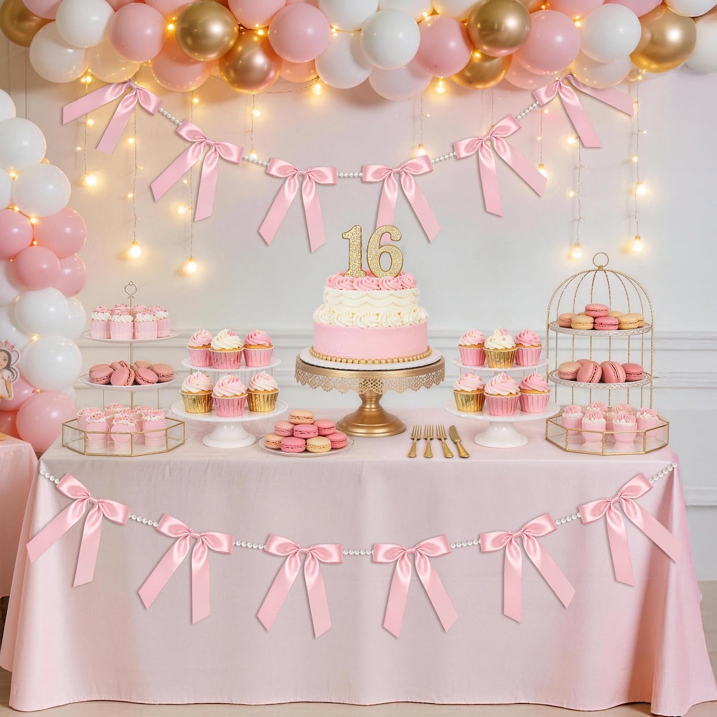 2 Strings Pink Bow Garland Banner, Pre-Strung Satin Ribbon with 6.5ft Pearl Chain for Coquette Birthday, Bridal Shower, Bachelorette Party, Baby Shower, Engagement, Graduation & Anniversary Decor