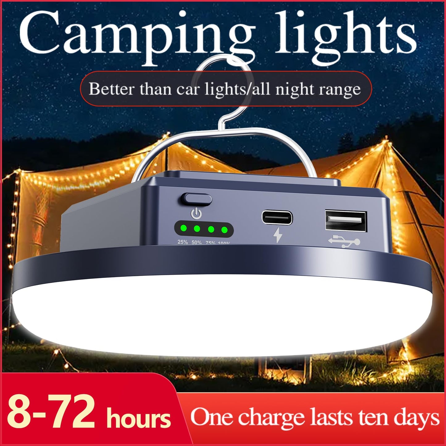Camping Lights 13200 mAh 4500 Lumens 45W Portable Gear Power Outage USB Outdoor Rechargeable Magnetic Hanging Lantern Emergency Flashlight LED Canopy Tent Light