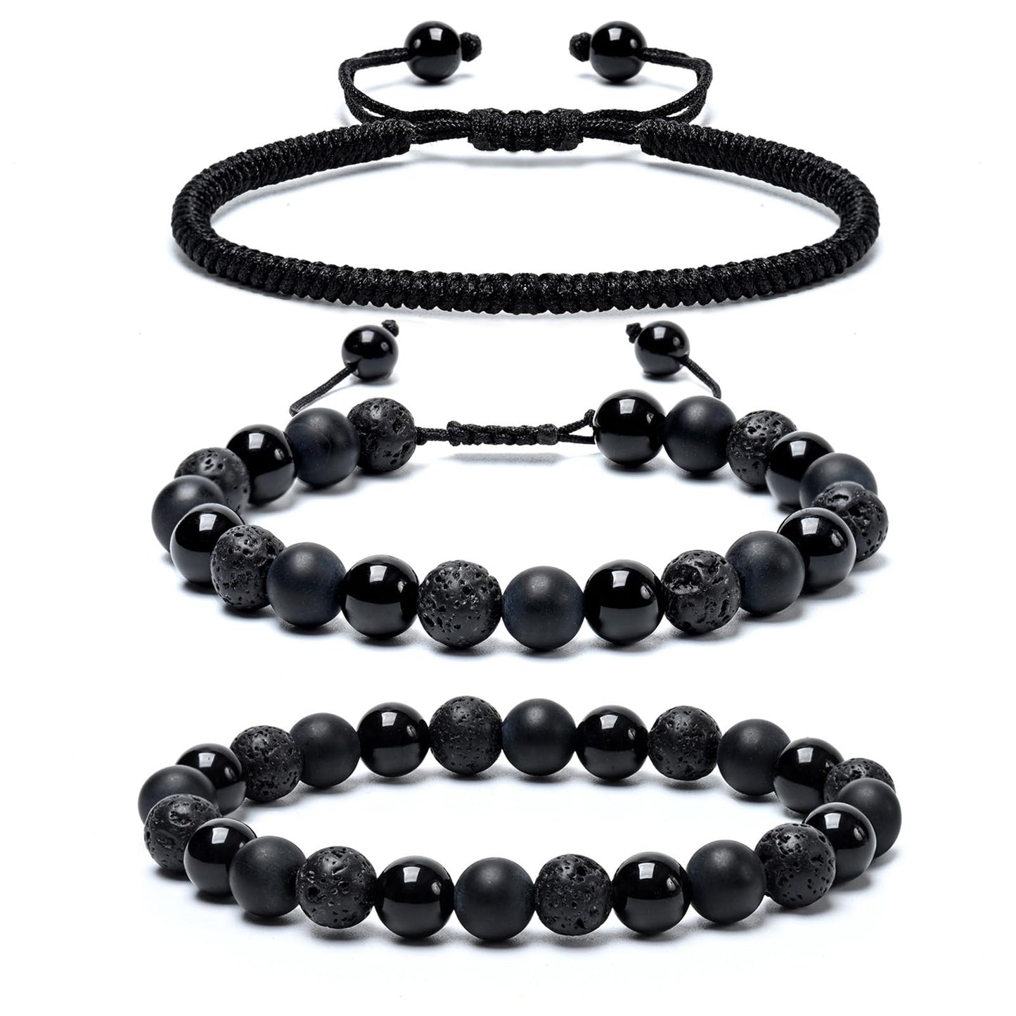 SAMXY Mens Bracelets Beads-8MM Black Onyx Obsidian Lava Stone Beads-3Pcs Handmade Natural Stone Crystal Healing Bracelet-Triple Protection Bracelet for Men Women Gifts