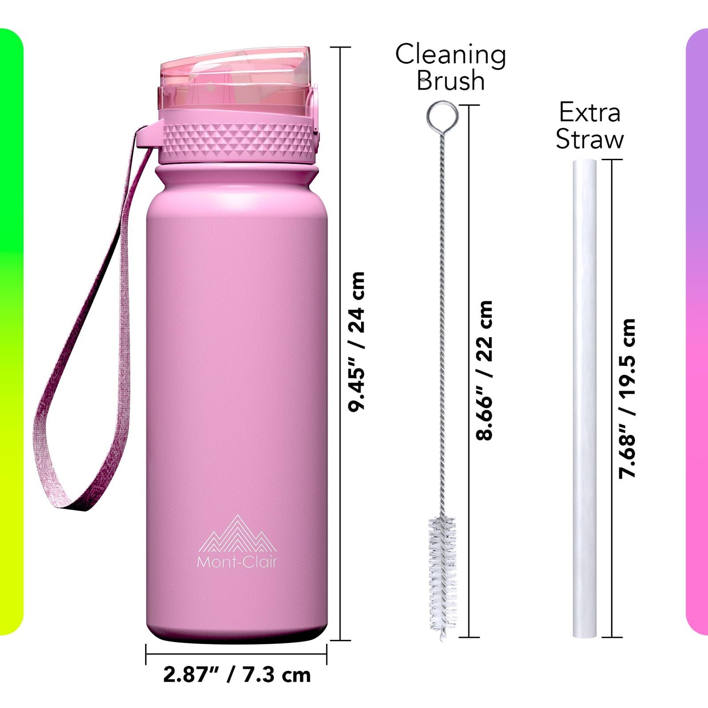 Mont-Clair Sport Water Bottle - 20oz Insulated Water Bottle with Straw - Patented Lid, BPA FREE, For Sports, Gym, Cycling, Bike - Quick Hydration - Pink