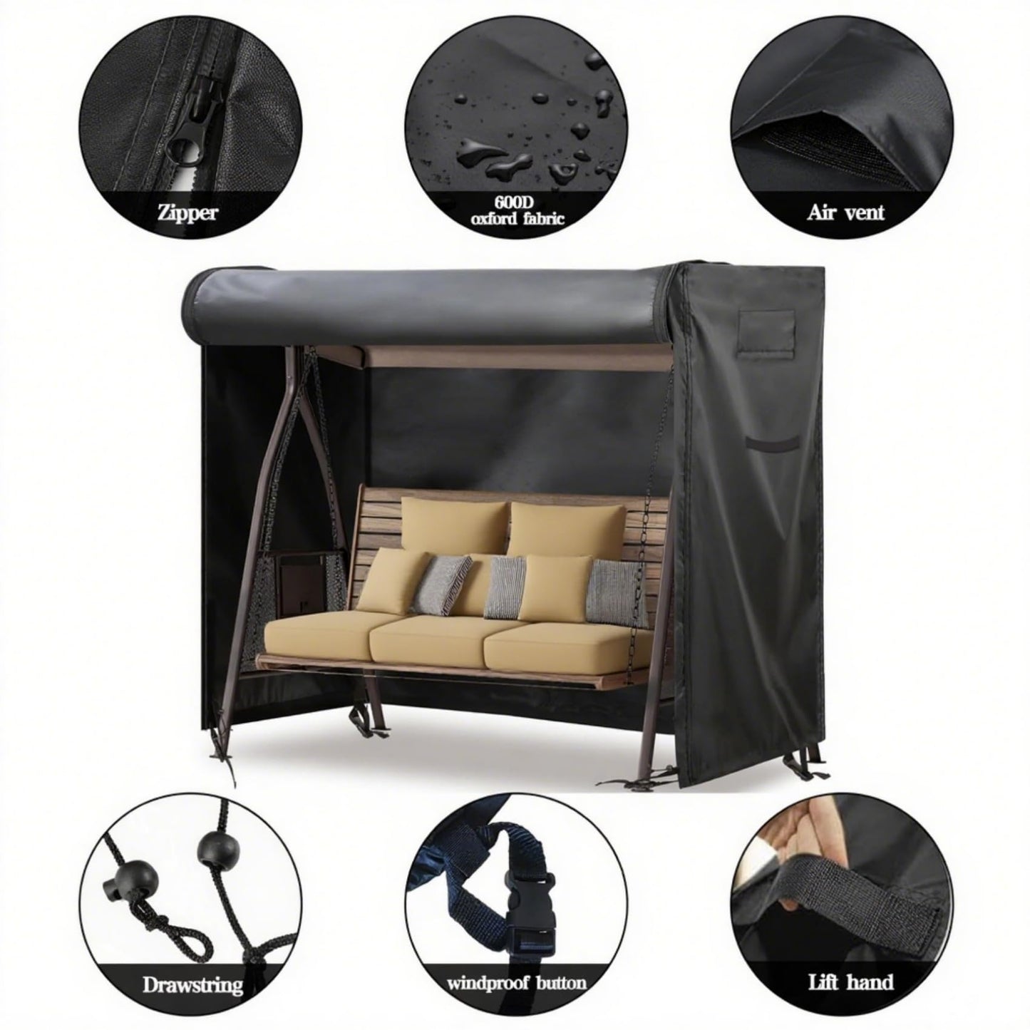 Outdoor Swing Covers 3 Seater Waterproof Patio Hammock Garden Porch Swing Cover Garden Glider Chair Cover UV Resistant Swing Canopy Covers All Weather Protection (87 x 49 x 67inch)