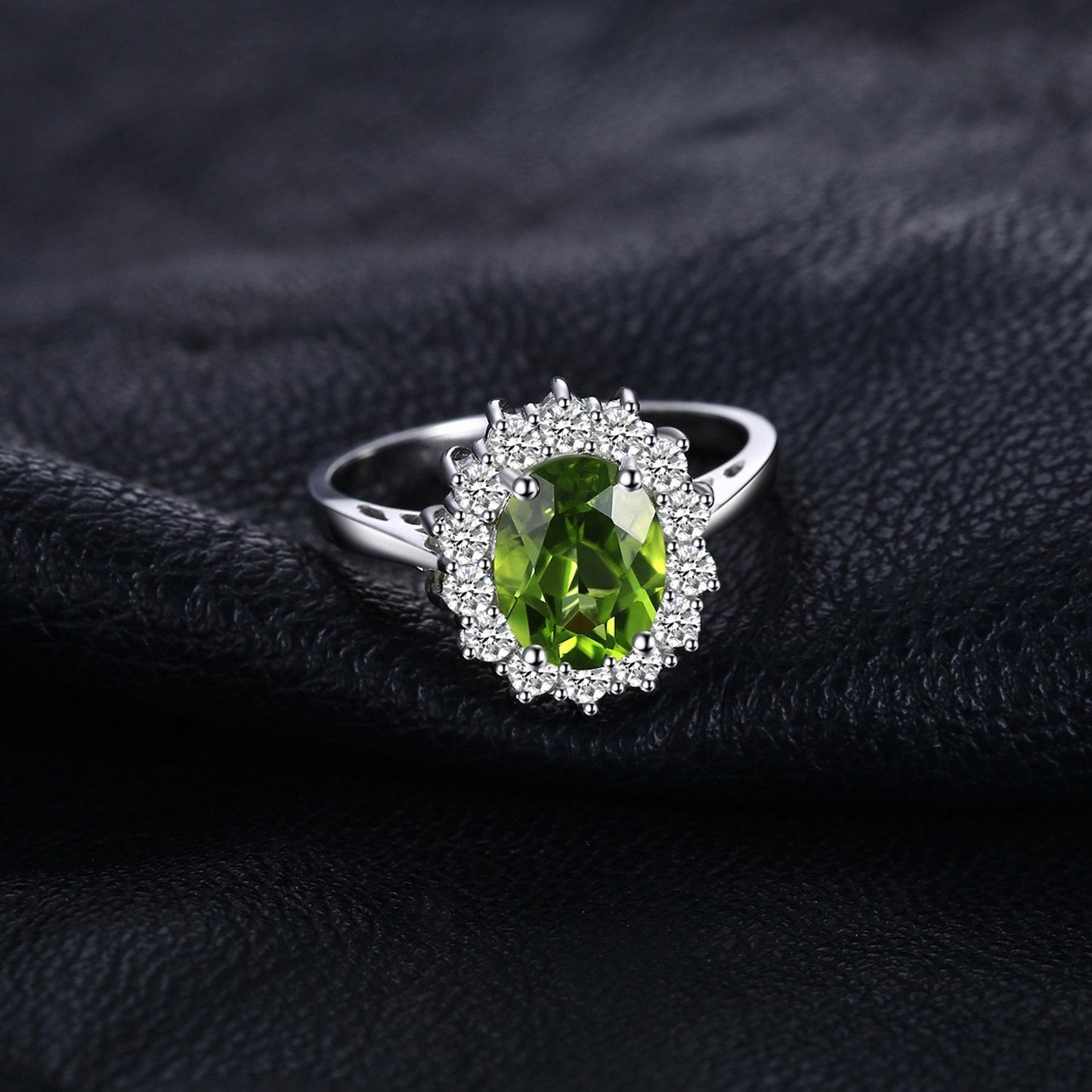 JewelryPalace Princess Diana Kate Middleton Gemstone Birthstone Genuine Peridot Halo Statement Engagement Rings for Women, 14K White Gold Plated 925 Sterling Silver Promise Rings for Her Size 10.5