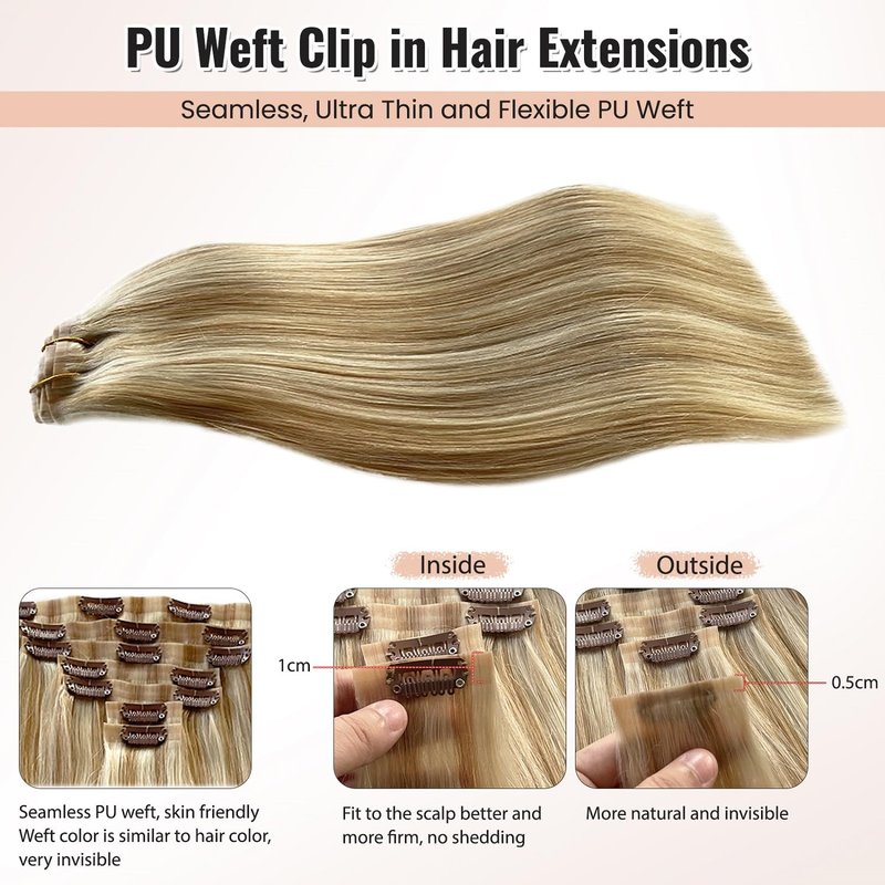 Real Human Hair Clip in Extensions, 20' Colored Seamless Wefts - 7PCS 100G PU Skin - Caramel Blonde to White Blonde