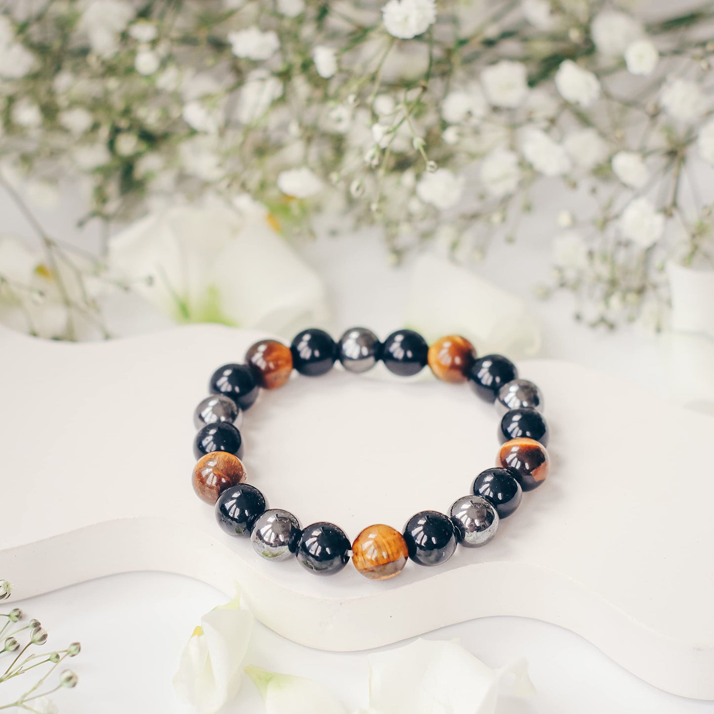 Triple Protection Bracelet for Men Women | Black Tourmaline Obsidian Hematite 8mm Beaded Bracelet | Anxiety Relief Chakra Healing Gemstone Crystal Gift