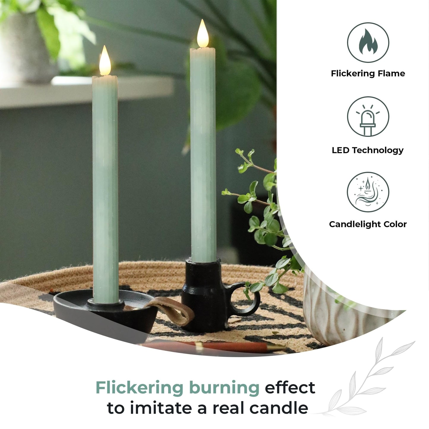 comforder Flameless Taper Candles – Flickering LED Flame with 6H Timer – Real Wax, Ribbed Design – Battery Operated Set of 2 – 10" Tall (Eucalyptus Green)"