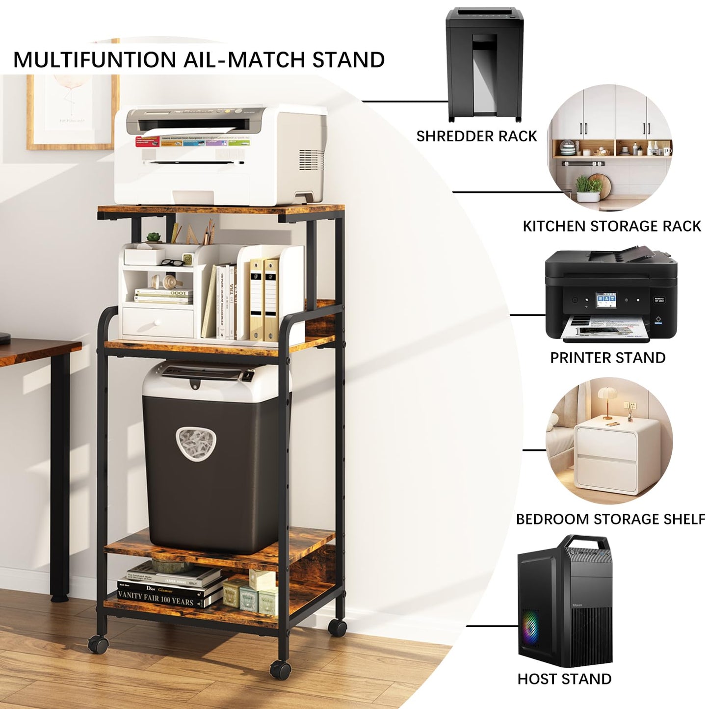 Arbuxzuy 4 Tier Printer Stand with Storage Shelf, Large Tall Printer Cart with Wheels, Mobile Printer Table for Home Office, Adjustable Stands for Printer Heat Press Scanner Fax (Brown), High