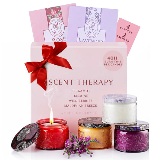 ADELEGOURDAIN Aromatherapy Scented Gift Set - 4 Soy Wax Candles & 2 Fragrance Sachets - Calming Jasmine, Bergamot, Berry & Breeze Scents in Glass Jars - Home, Bath & Relaxation Presents for Women