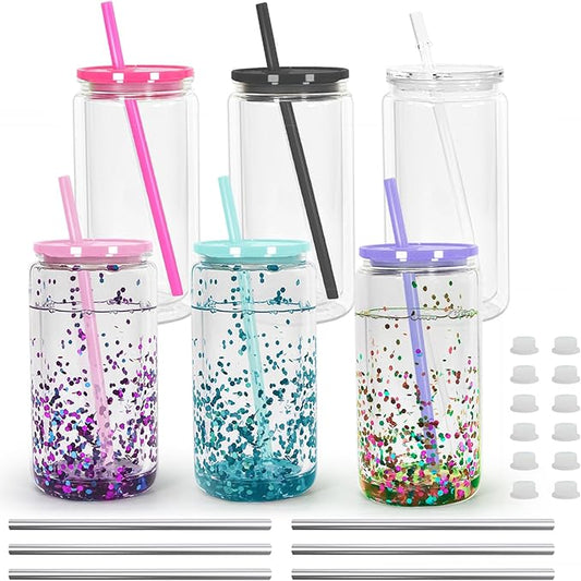 16 oz Plastic Snow Globe Tumbler Double Wall Snowglobe Tumbler with Pre Drilled Hole Can with Lids and Straws Plastic Mason Jar Mug for Snow Globe Glitter DIY Gift