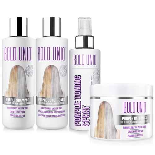 Bold Uniq Blonde Toner Spray & Purple Shampoo, Conditioner & Mask Bundle - Eliminates Brassy Tones From Blonde, Platinum, Silver/Gray Hair. Paraben & Sulfate-free