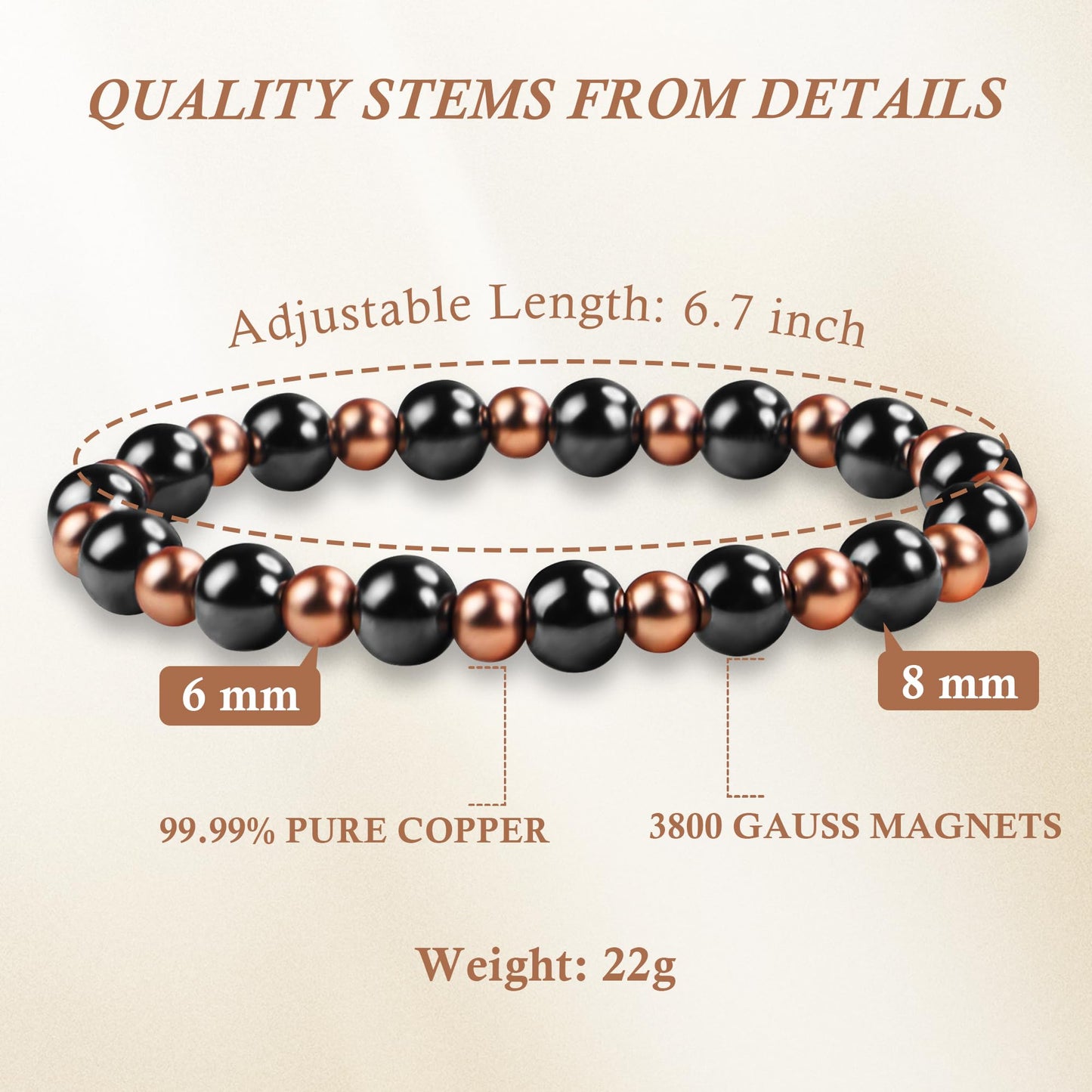 PEALICIOUS Copper Bracelet for Women and Men, 8MM Copper Magnetic Bracelet with 3800 Gauss Magnets Beads as Mother Day Gift for Mom, Cooper Hematite Jewelry Pulsera De Cobre para Mujer for Parents