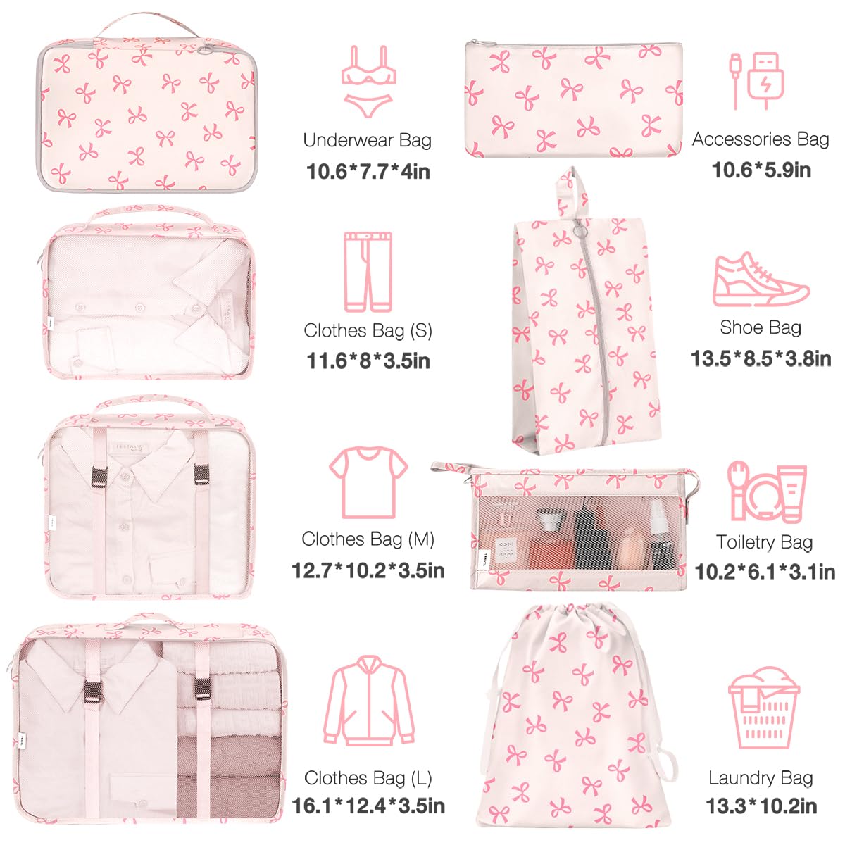 8 Set Packing Cubes for Suitcases,Suitcase Organizer with Shoe,Cosmetics,Clothing, and Accessories Bags for Travel Luggage Organizer Women Men(Pink Bows)