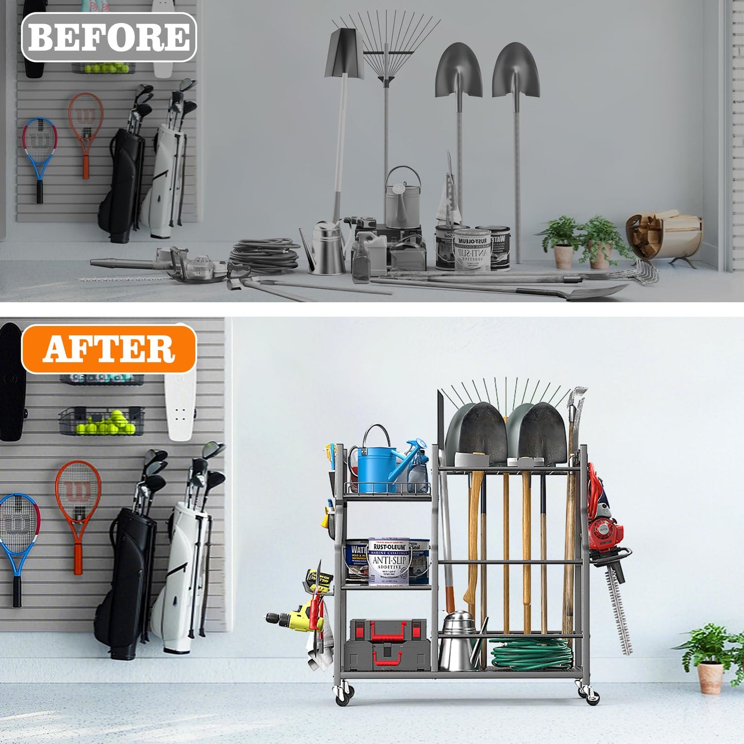 organizelink 36" Large Garden Tool Organizer with Wheels & Side Tool Bag, 3 Tier Rolling Garage Storage Rack for Long Handled Rakes, Shovels, Brooms, Freestanding Yard Tools Cart for Shed & Outdoors