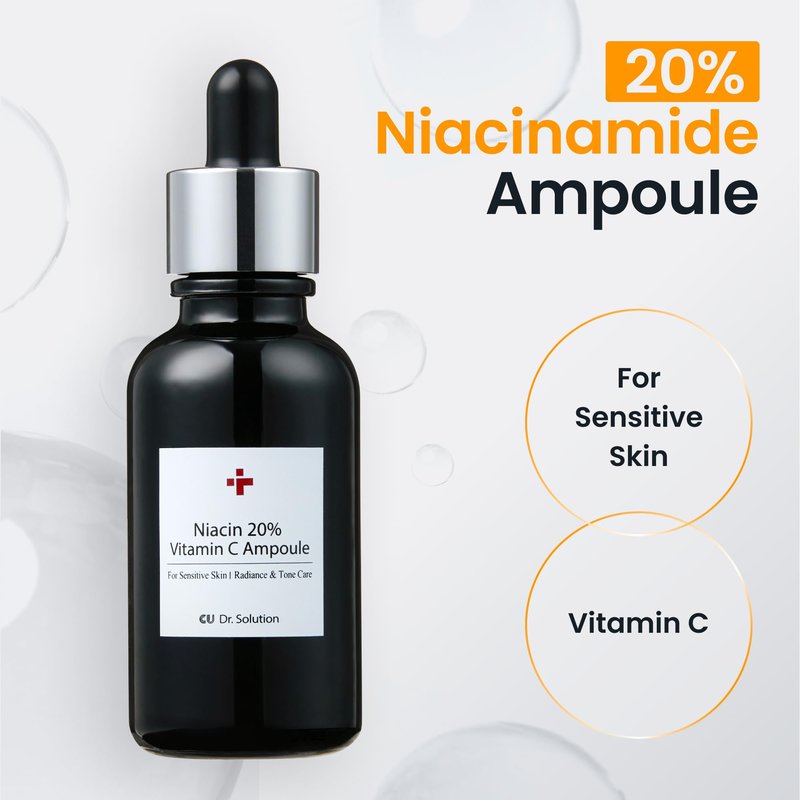 CU Dr. Solution Niacinamide 20% Vitamin C Ampoule – CUSKIN Korean Skin Care with Niacinamide, Glutathione, Hyaluronic Acid, Adenosine, Panthenol for Skin Elasticity and Moisturizing, 30g (1.01 Fl. Oz)