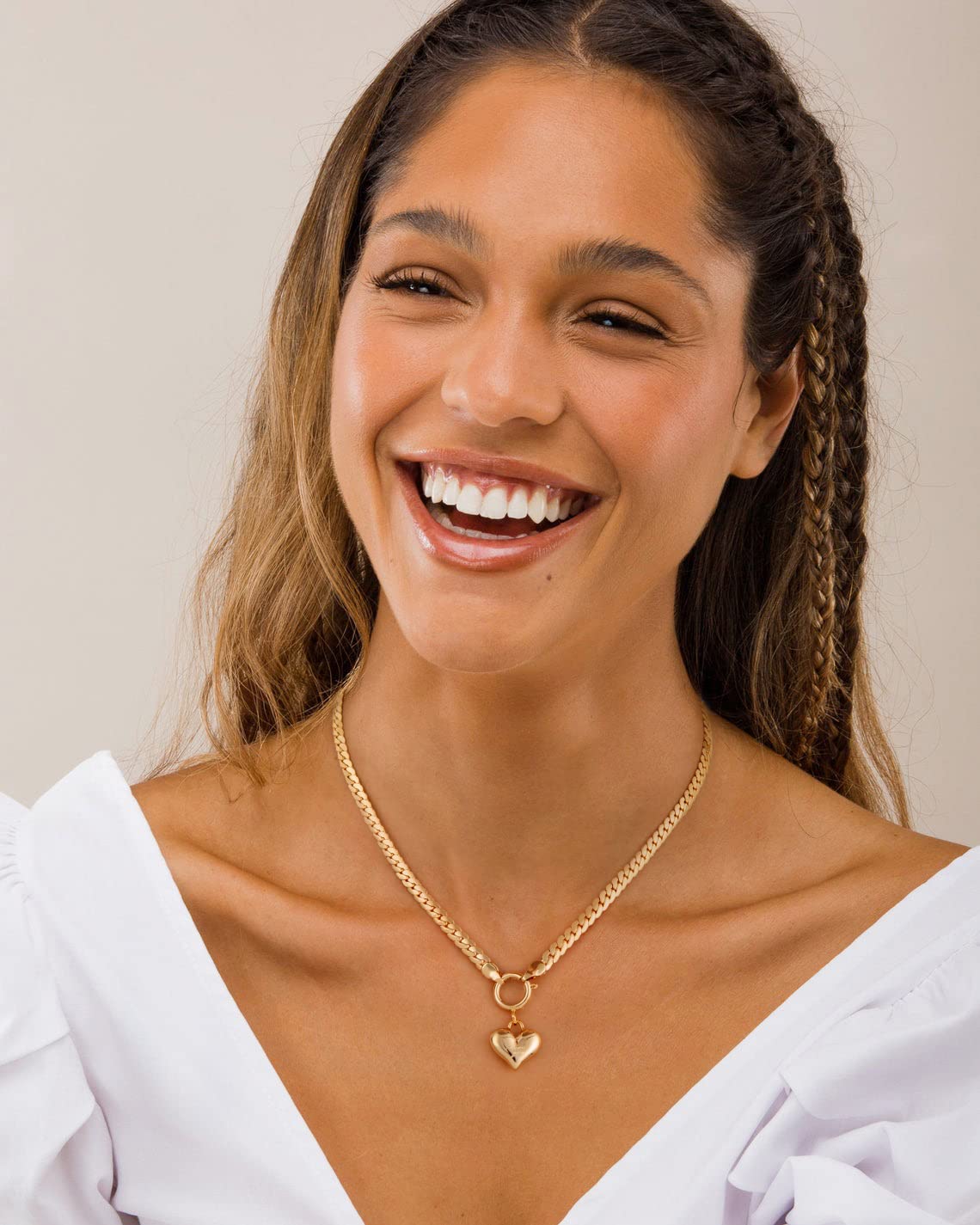 NUZON Love Heart Pendant Necklace for Women 18K Gold Plated Thick Flat Herringbone Snake Chain Choker Engraving “Love You” Charm Sailor Lock Layering Jewelry 16’’