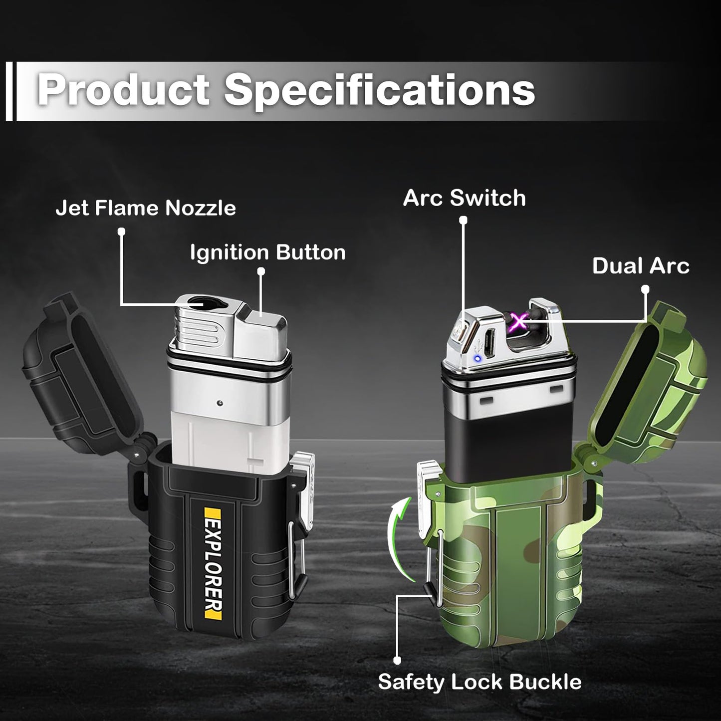 2 Pack Waterproof Lighter Outdoor Windproof Torch Lighters Dual Arc Butane Electric Lighters USB Rechargeable Lighters Flameless Plasma Lighter Camping Hiking Adventure Survival Tactical Gear