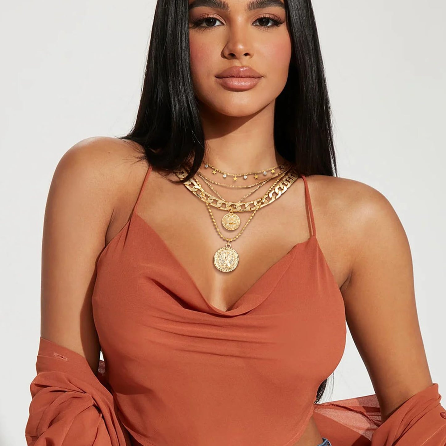 MJartoria Gold Layered Necklaces for Women Trendy Retro Coin Pendant Necklace Dainty Chunky Chain Choker Necklaces for Jewelry Birthday Gifts (Gold, D-Star+Coin-4PCS)