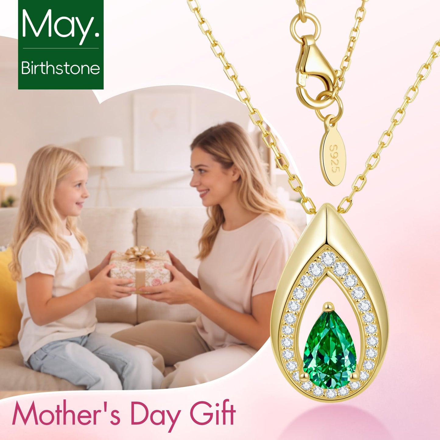 Kstyle 14k Gold Emerald May Birthstone Pendant Necklaces for Women Valentine's Day Birthday Gift Anniversary Jewelry for Wife Daughter Grandma Mom Sister Non Tarnish
