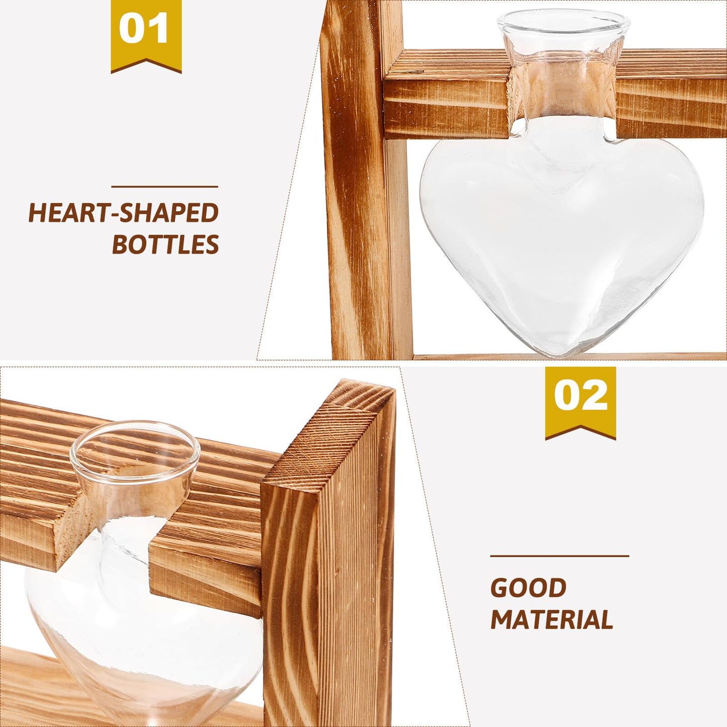 CORHAD Heart-Shaped Glass Hydroponic Vase with Wooden Frame Stand, Desktop Terrarium Planter for Indoor Plants, Tabletop Flower Pot for Home and Office Décor, 2pcs Set