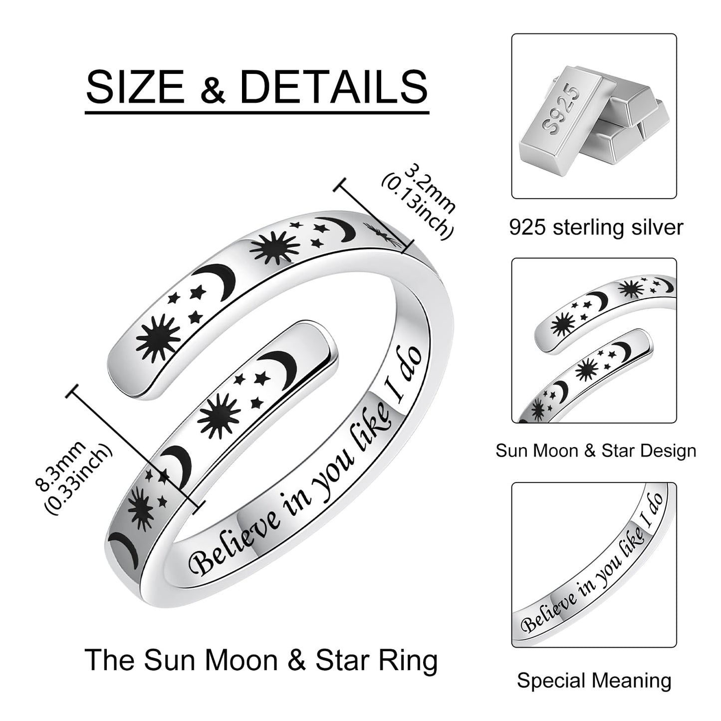 925 Sterling Silver Inspirational Jewelry Adjustable Wrap Open Ring Encouragement Gift for Women (Sun & Moon - Believe in you like I do)