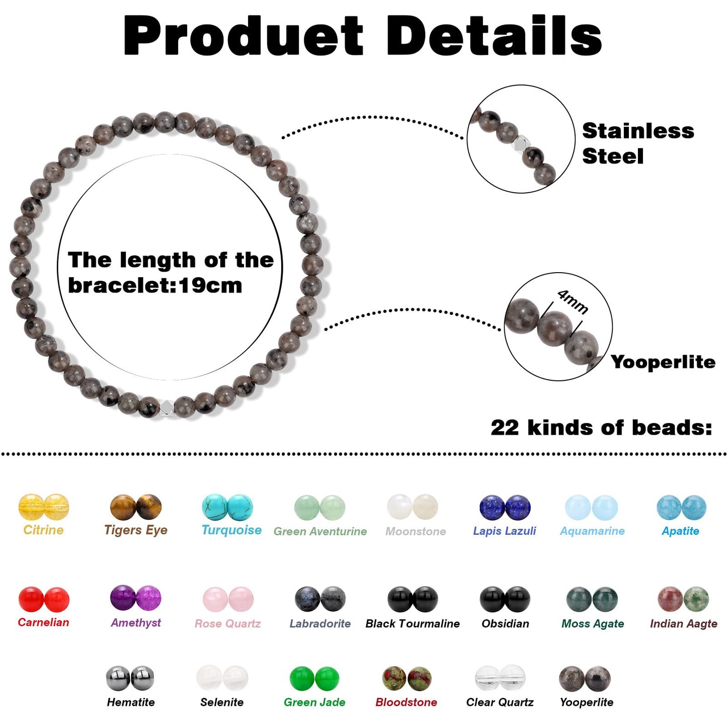 Raicegs 4MM Yooperlite Beaded Bracelets Healing Crystal Bracelet for Women Men Natural Stone Handmade Stretch Bracelet Reiki Spiritual Jewelry