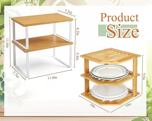 Nuanchu 3 Pcs Cabinet Organizer Shelf Bamboo Corner Rack for Kitchen Counter and Kitchen Counter Shelves for Storage Plates Dishes Bowls Bread Spice Rack Stackable Expandable