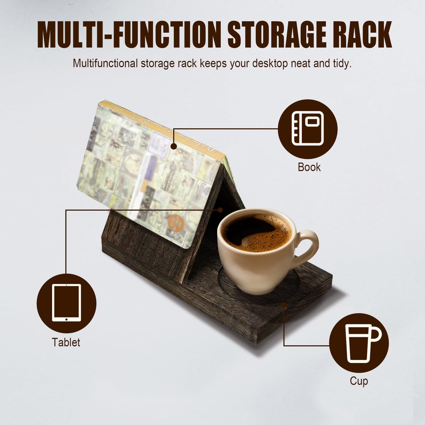 Wooden Triangle Book Stand Rest with Cup Holder, Short Book Holder Valet Shelf Table Desk Nightstand for Reading Display Lover Gifts (Charred Wood Color)