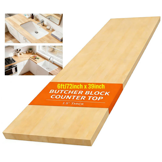 6FT x 39IN Solid Birch Wood Butcher Block Countertop - Intravast 1.5 Inch Thick Unfinished Heavy Duty DIY Butcher Block for Kitchen Island, Bar Top, Workbench, Laundry Room Dining Table
