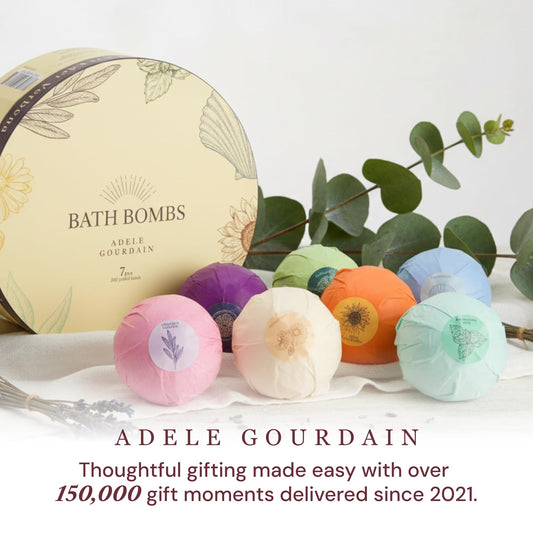 ADELEGOURDAIN Bath Bombs Set 7 pcs XXL Size - Gift Set for Women, 200g/7oz, Mineral Bath Bombs for Sensitive Skin, Gift Set or Birthday or Mothers Day, Gift Box Idea for Her