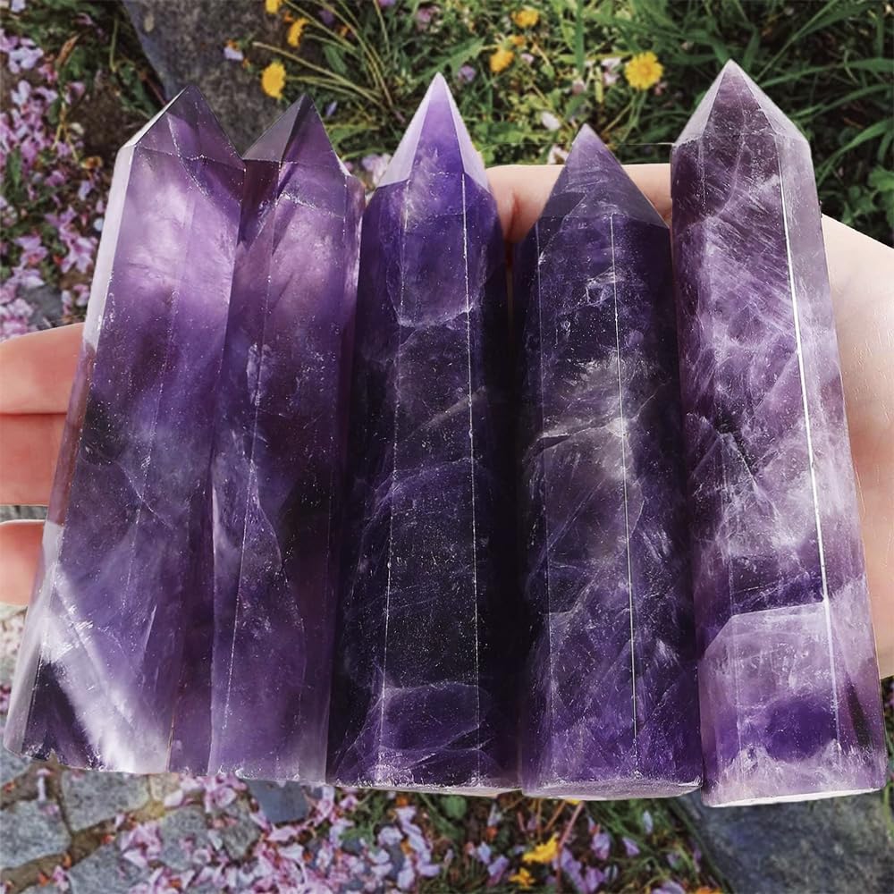 Natural Amethyst Crystal Point - 5.8-6.2 inch Amethyst Wand with Iridescent Rainbow Flash Stone for Energy Protection, Spiritual Awakening & Decoration - (Amethyst /5.8-6.2 inch 2pcs)