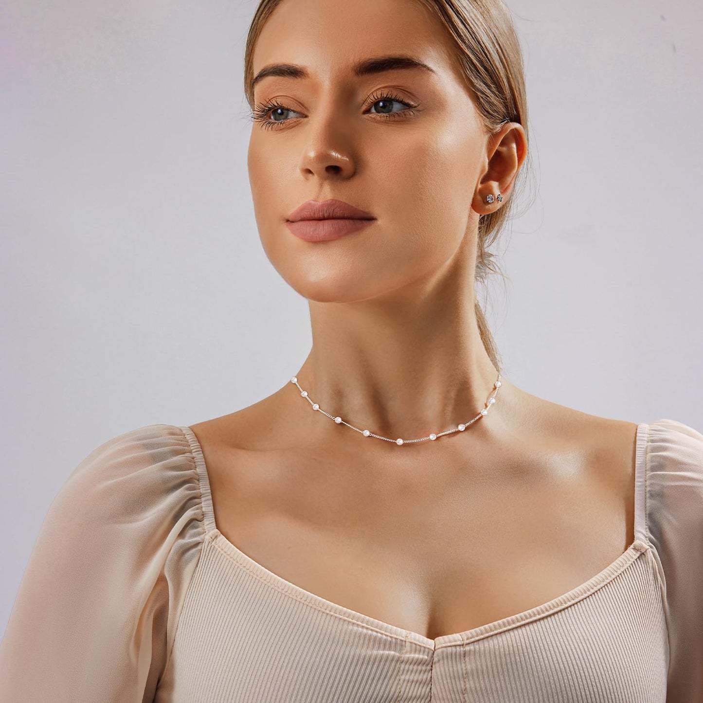Zeffy Dainty Silver Pearl Necklace for Women Small Pearls Chain Necklace Tiny Pearl Beaded Choker Necklace for Women Simple Jewelry Gifts