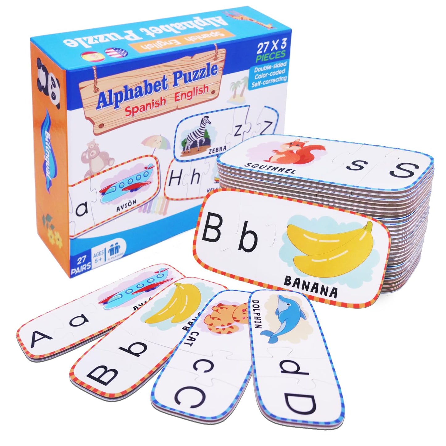 Bilingual Spanish English Alphabet ABC Puzzle Jigsaw Cards for Toddlers, Montessori Preschool Kindergarten Readniness, Self Correcting Sight Words Letter Puzzle 27 Letters Double-Sided with Gift Box