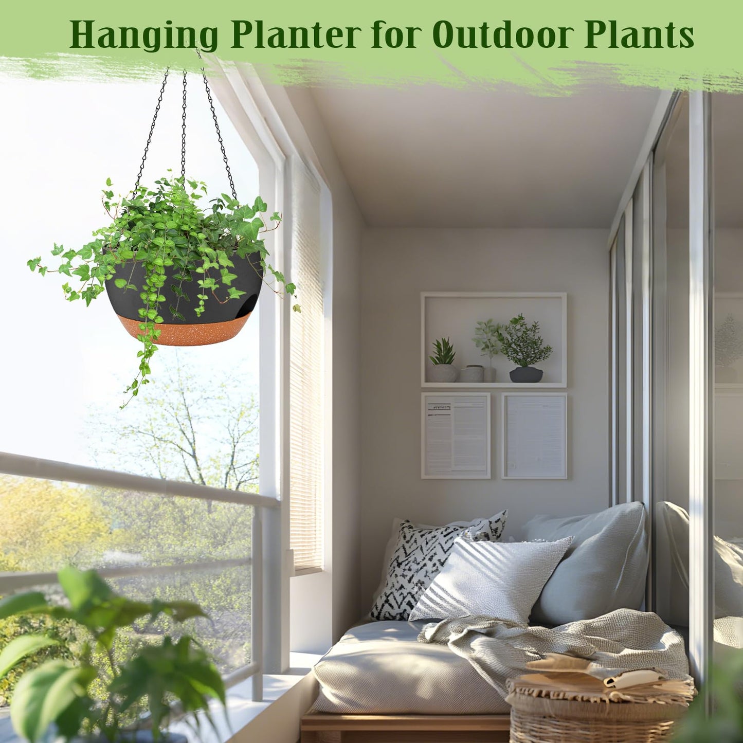 Lucieblessdesign Hanging Planters for Outdoor Indoor Plants, 2 Pack 10 Inch Hanging Basket Plants Outdoor, Self Watering Hanging Planter with Plant Hanger for Garden Home Decoration (Black, 10 inch)