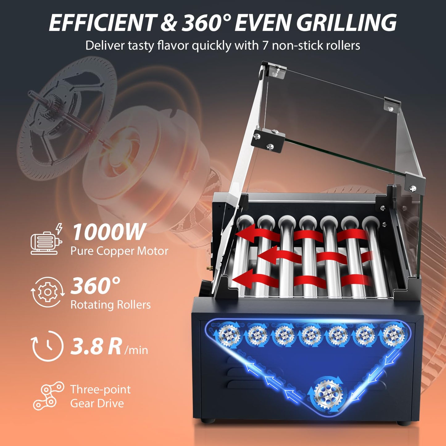 Baotree Commercial Hot Dog Rollers, 7 Rollers 18-24 Hot Dogs Capacity, 1000W Stainless Steel Hot Dog Griller with Dual Controls, Glass Cover, Removable Tray for Commercial and Party
